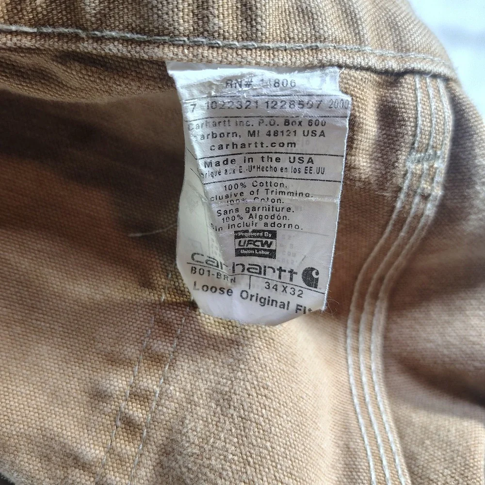 Carhartt B01-BRN Mens 34x32 Brown Duck Canvas Double Knee Work Pants Made in USA
